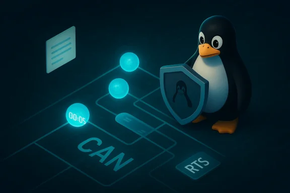 Tux, the Linux penguin, defends a CAN network with a shield.
