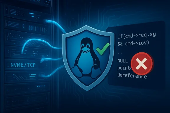 Linux shield with Tux guards a blue server rack beside code checks and a null-pointer warning icon.
