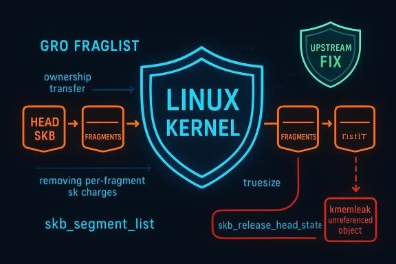 Neon diagram illustrating Linux kernel fragment handling and upstream fix (skb).