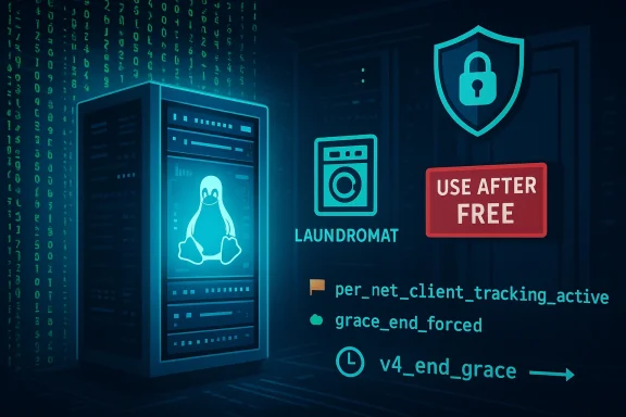 A server rack with a Linux penguin, security shield icon, and a USE AFTER FREE warning.