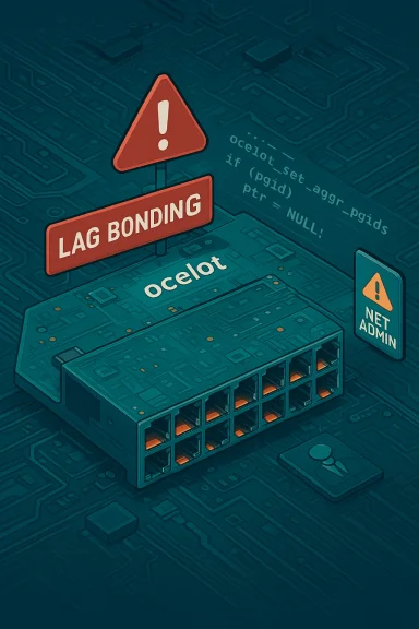 Lag bonding warning sign above a network switch on a circuit-board backdrop.