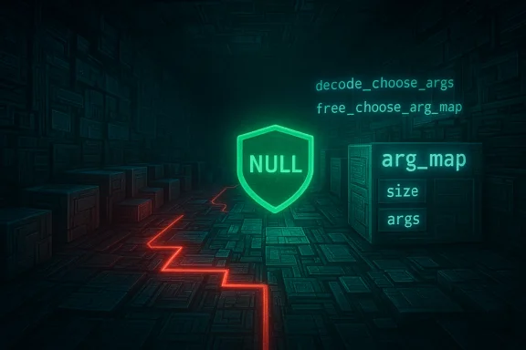 Neon-green shield reading NULL glows in a dark, code-filled chamber near an arg_map crate.