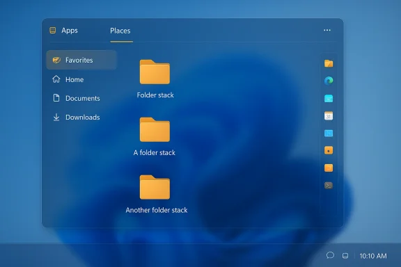 A translucent blue UI panel with three orange folders labeled Folder stack, A folder stack, and Another folder stack.