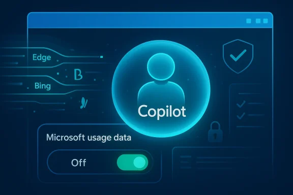 A futuristic UI shows Copilot with a data-usage toggle and privacy shield.
