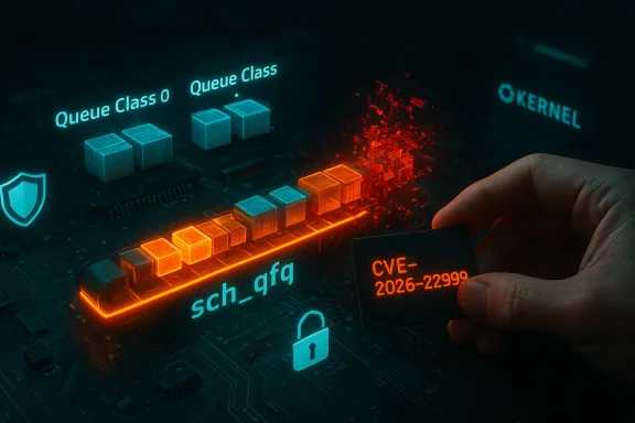 A hand holds a card labeled CVE-2026-22999 beside a neon-lit circuit-board security diagram.
