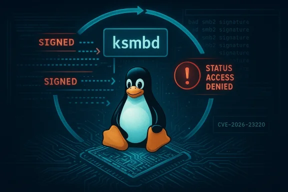 Tux the Linux penguin amid neon cybersecurity indicators and a CVE banner.