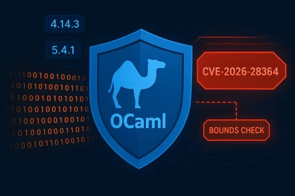 OCaml shield with camel logo, signaling CVE-2026-28364 bounds-check vulnerability. OCaml shield with camel logo, signaling CVE-2026-28364 bounds-check vulnerability.