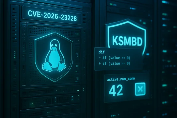 Blue-tinted server rack shows a Linux Tux shield, CVE-2026-23228 label, KSMBD shield, and a code snippet.