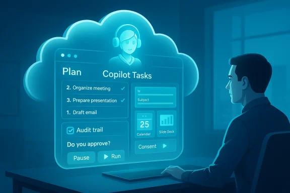 A person reviews a holographic cloud dashboard labeled Copilot Tasks.