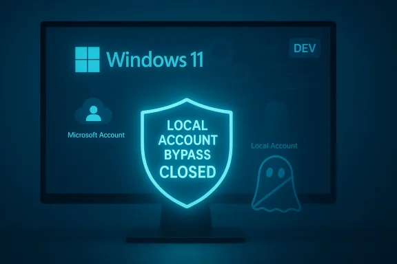 Windows 11 screen with a glowing shield reading 'LOCAL ACCOUNT BYPASS CLOSED'.