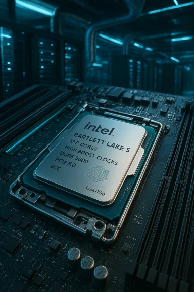Close-up of an Intel Bartlett Lake S CPU installed on a server motherboard in a blue-lit data center.