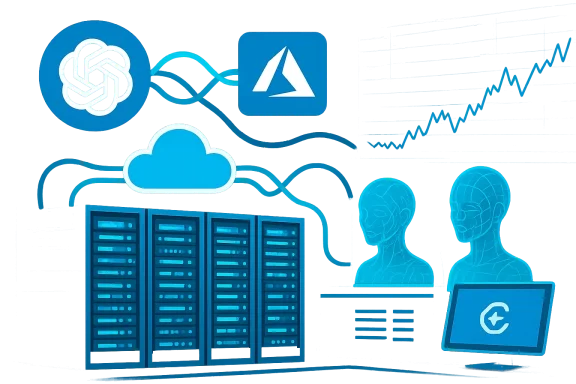 Blue-toned data center with servers, cloud icons, and holographic AI figures.