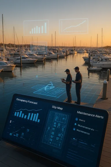 Two workers on a marina dock study tablets as holographic dashboards hover over the water at sunset.
