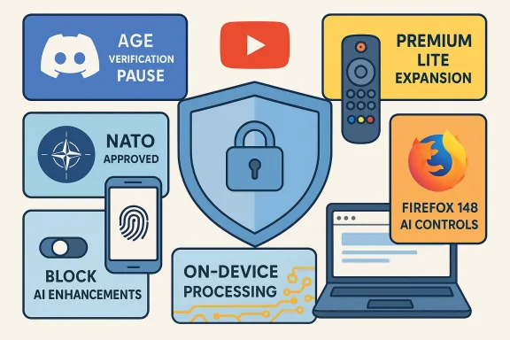A collage of digital security icons: shield, fingerprint, AI controls, and privacy features.