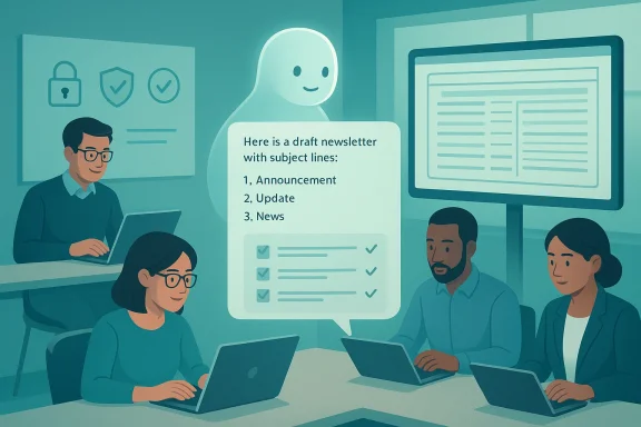 Team collaborates on a draft newsletter with subject lines: Announcement, Update, News.