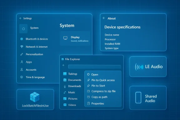 Blue UI wireframes of a system settings dashboard with panels for System, About, File Explorer, and audio.