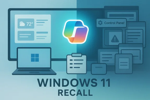 Windows 11 recall: a collage of blurred UI panels with a glowing central logo.