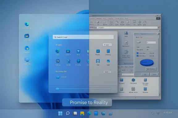 Split-screen collage showing a modern blue desktop next to a retro Windows UI, titled “Promise to Reality.”