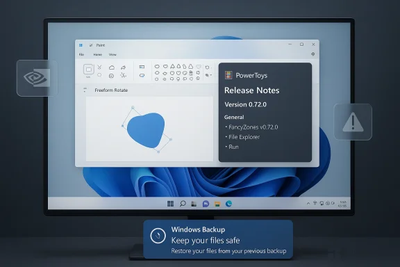 Windows desktop showing Paint, a PowerToys Release Notes panel, and a backup alert.