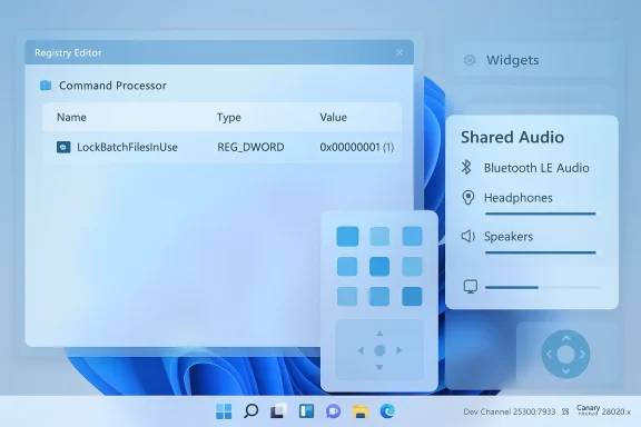 A futuristic desktop UI showing a Registry Editor window and a Shared Audio panel on a blue Windows-like background.