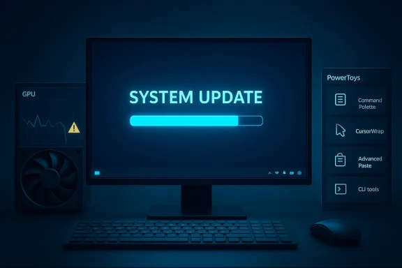 Blue-tinted desktop displays a glowing system update progress bar with a GPU alert and PowerToys panel.