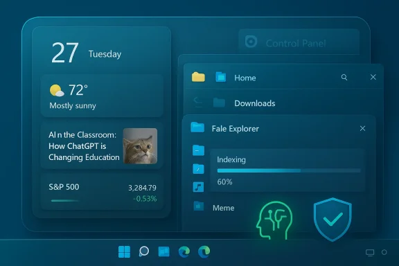 A futuristic blue desktop UI with floating widgets for date, weather, news, and a progress folder panel.