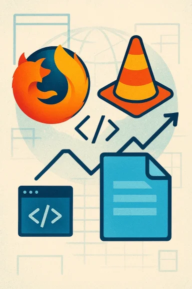 A web development illustration with Firefox logo, a traffic cone, code symbols, and an upward-trending chart.