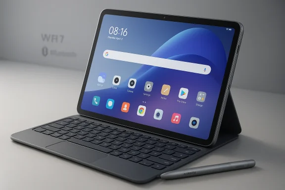 A tablet with a keyboard case and stylus, propped up to show a blue home screen.