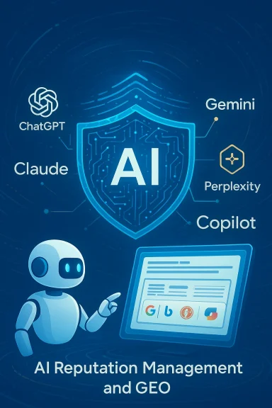 Blue AI-themed poster with a shield emblem, logos (ChatGPT, Gemini, Claude, Perplexity, Copilot) and a friendly robot.