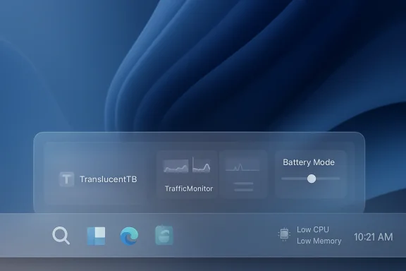 Translucent app dock with widgets including TranslucentTB, TrafficMonitor, Battery Mode on a blue background.