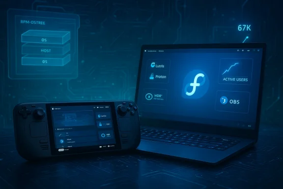 A handheld game console sits beside a laptop running Linux gaming apps (Lutris, Proton) on a neon blue interface.