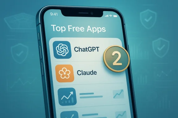 Phone screen shows Top Free Apps list with ChatGPT and Claude, plus a large 2 badge.