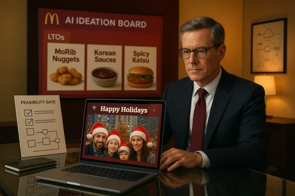 A businessman in a suit sits at a desk with a laptop showing “Happy Holidays” and a McDonald’s AI ideation board in the background.