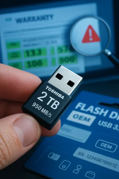 A Toshiba 2TB USB flash drive is held up in front of a laptop screen displaying a warning symbol.