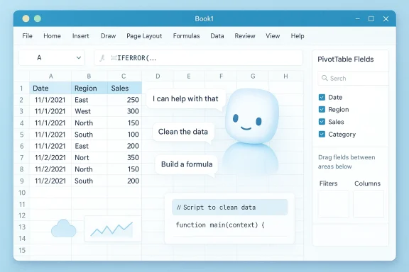 Excel-like UI with a friendly AI assistant guiding data cleanup and formulas.