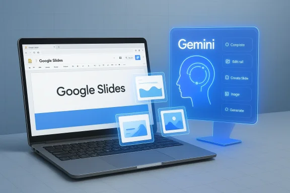 Laptop screen displays Google Slides while a blue Gemini holographic interface hovers beside it.