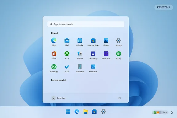 Windows-style start menu on a blue abstract wallpaper with pinned apps and a user avatar.