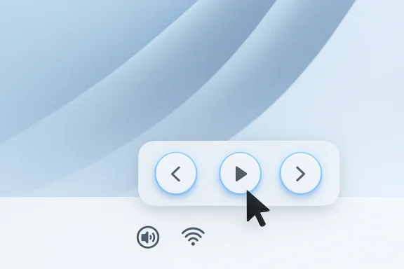 Cursor clicks the play button on a rounded media control panel with back and forward arrows.