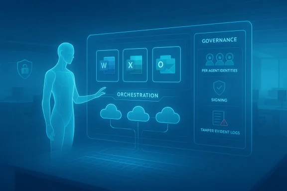 A translucent figure interacts with a blue holographic dashboard showing Office apps and governance.