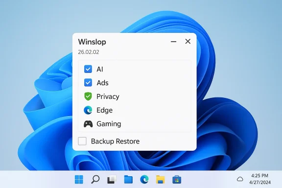Windows 11–style dialog titled 'Winslop' showing AI, Ads, Privacy, Edge, Gaming checked on a blue abstract wallpaper.