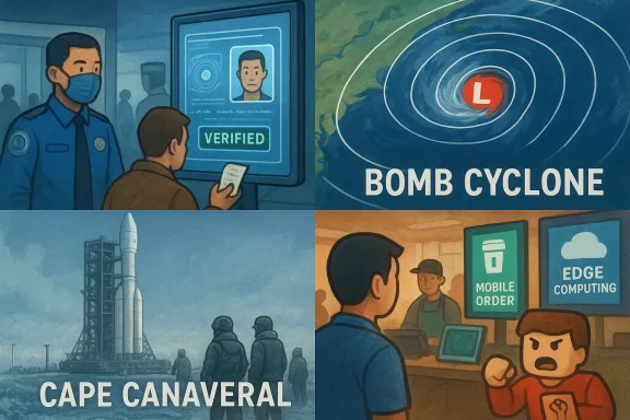 A collage showing security verification, a bomb cyclone, Cape Canaveral launch, and edge computing.