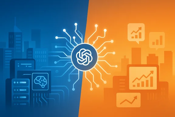 A central circuit hub splits blue left and orange right backgrounds, symbolizing AI and data analytics.