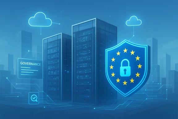 EU shield with a padlock guards a cloud data center.