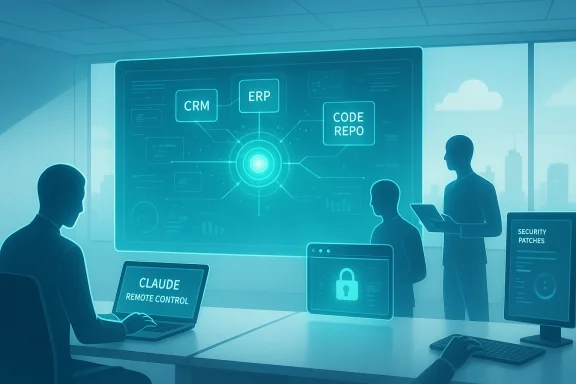 A tech team monitors a futuristic dashboard linking CRM, ERP and code repos.