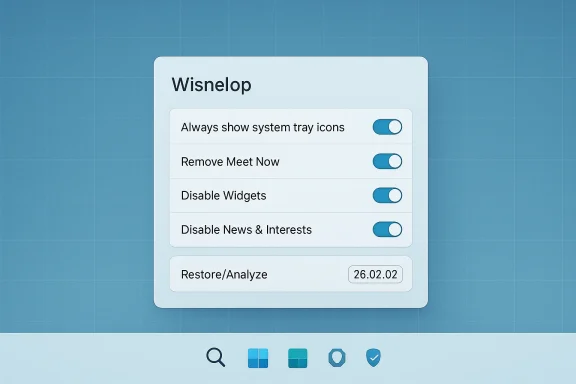 Blue UI panel labeled Wisnelop with toggles for system tray, Meet Now, widgets, and News & Interests.
