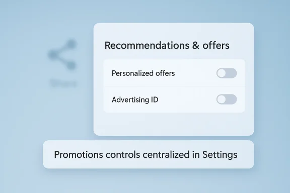 UI panel for recommendations with toggles for Personalized offers and Advertising ID.