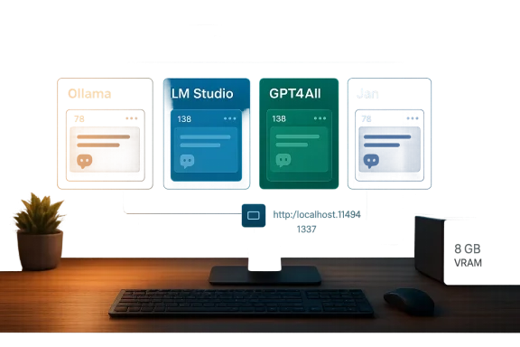 Holographic cards float above a desk, displaying AI models like Ollama, LM Studio, GPT4All, and Jan.