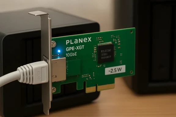 PLANEX GPE-XGT 10GbE PCIe network card with blue LED, installed in a server.