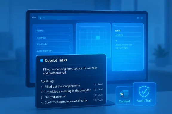 Blue holographic UI with form fields and a Copilot Tasks panel.