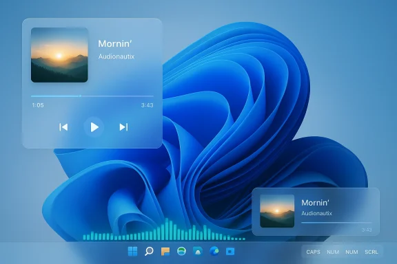 Futuristic blue Windows-style desktop with translucent music widgets showing Mornin' by Audionautix.